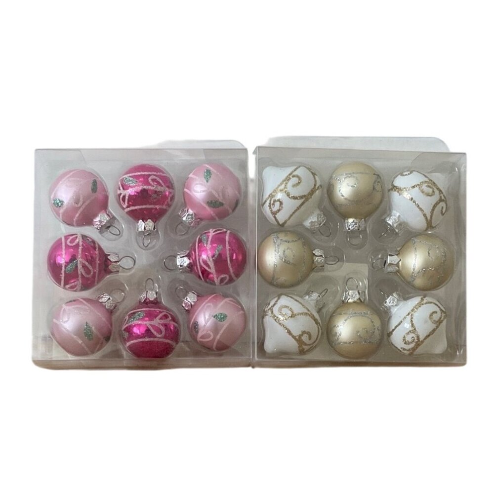 2 Ashland Tiny Treasures Christmas Glass Mini Ornaments Pink White Gold Glitter